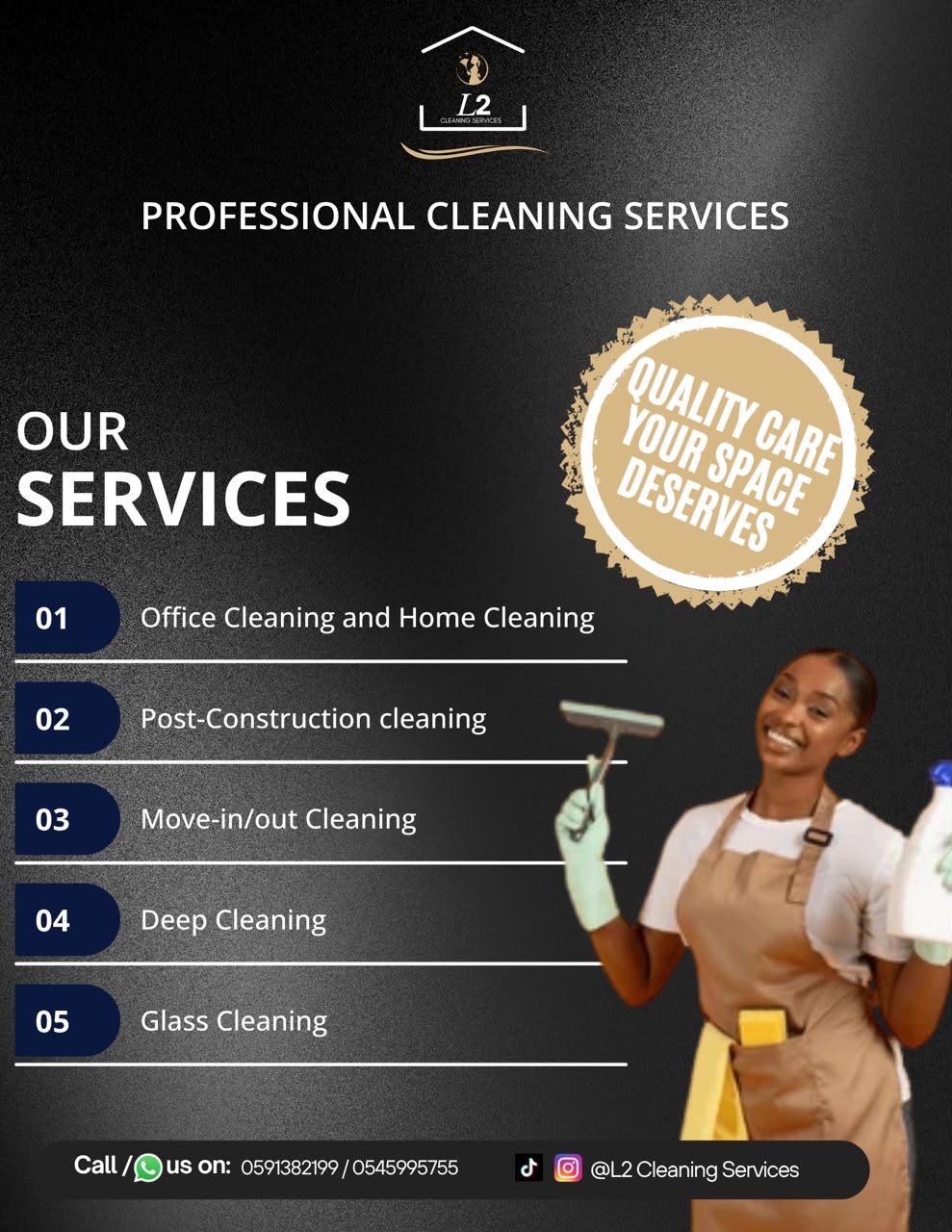 Original L2 Cleaning Services flyer listing the five services and contact numbers